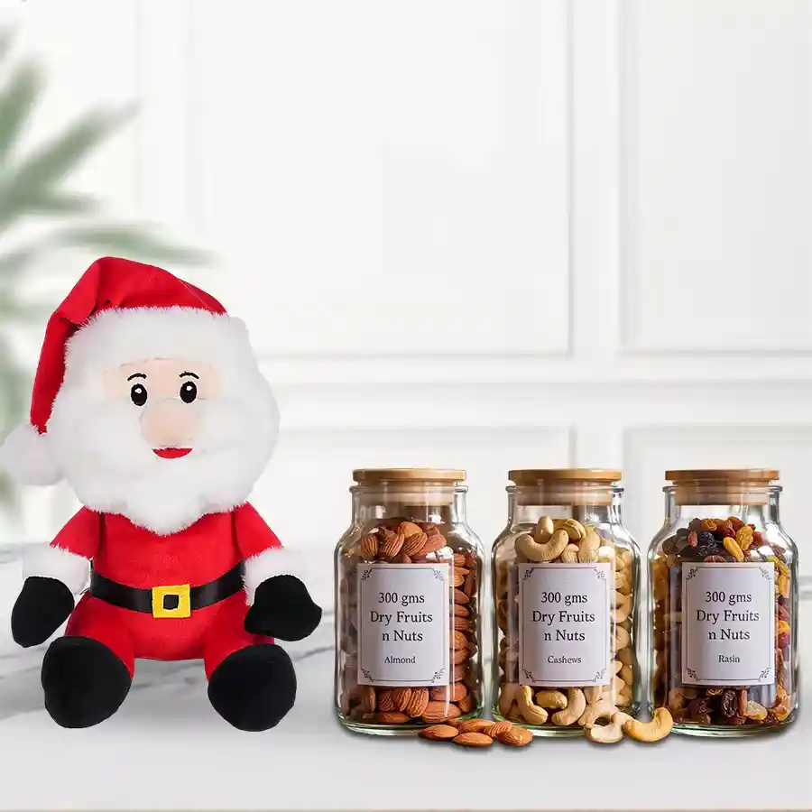 Santa soft toy with an assortment of healthy dry fruits in an elegant glass jar, featuring almonds, cashews, and raisins.
