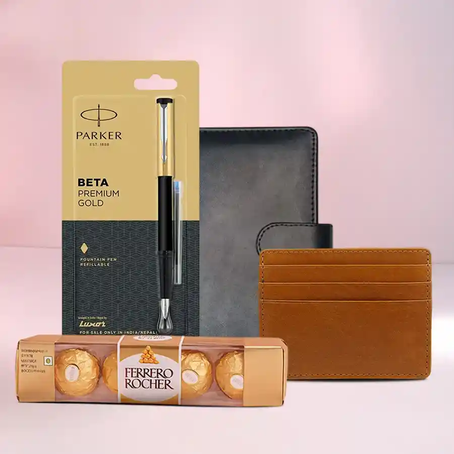 Marvelous Gift Hamper containing Ferrero Rocher chocolates, a Planner Diary, a Card Holder, and a Parker Beta Pen arranged elegantly