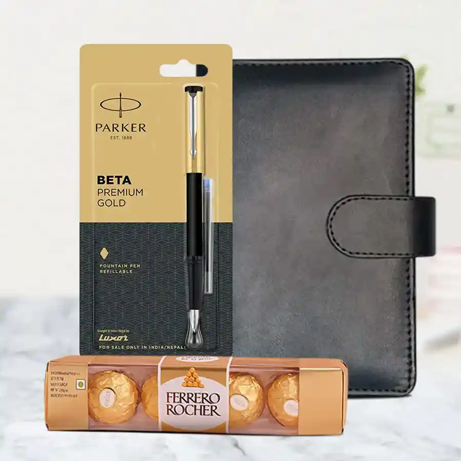 Combo of stylish planner diary, sleek Parker Beta pen, and four Ferrero Rocher chocolates in an elegant gift packaging.