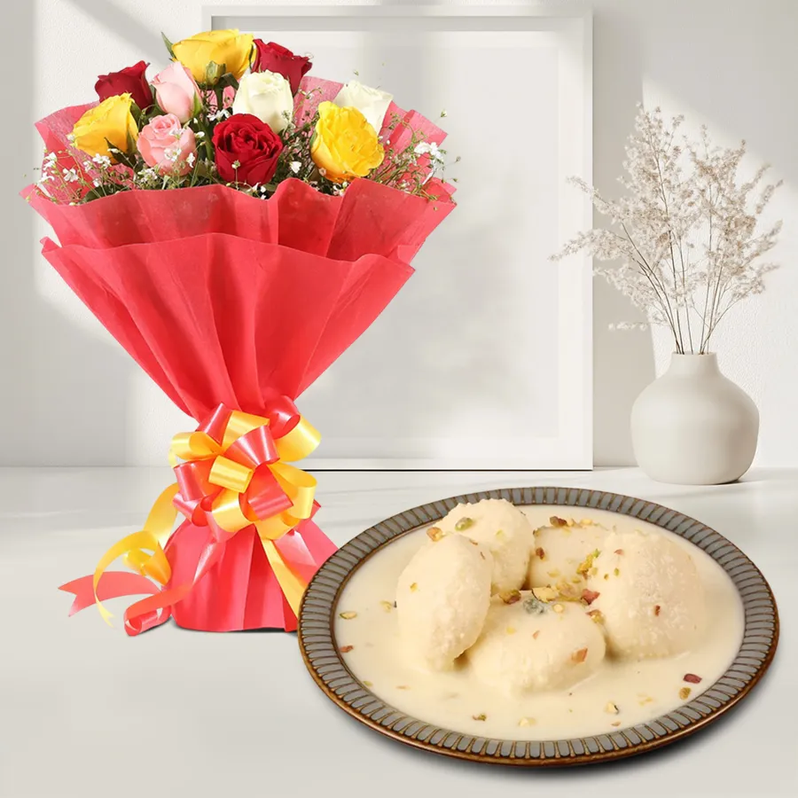 A charming bouquet of ten mixed roses with a side of ten pieces of creamy rosomalai treats.