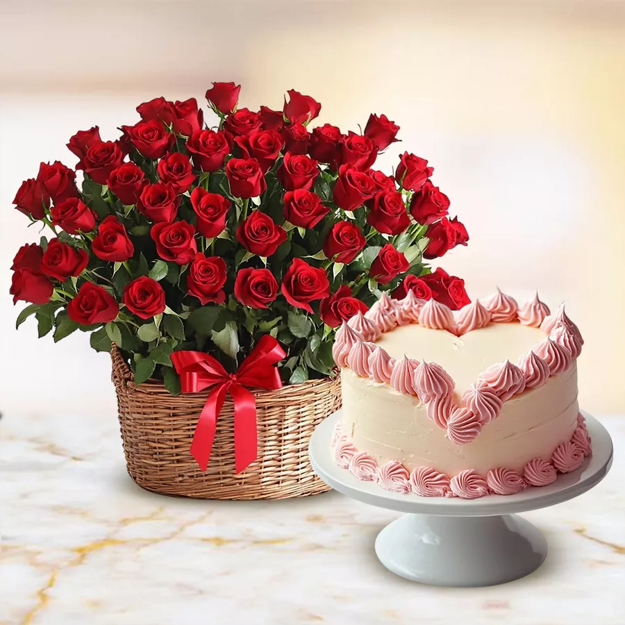 A beautiful arrangement of 50 red roses paired with a 2 lb Love Cake, ideal for celebrating love and special moments.