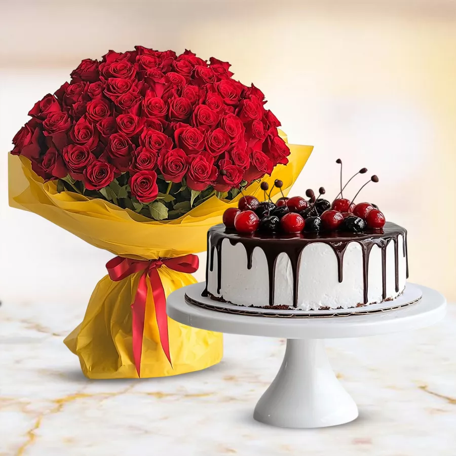A stunning bunch of 100 roses alongside a delectable Black Forest cake, perfect for celebrating special moments.