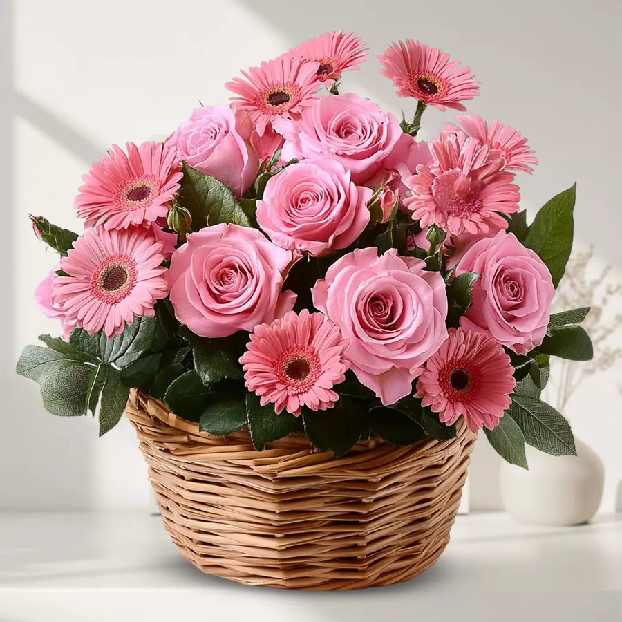 Charming Pink Petals Bouquet with 18 pink roses and gerberas.