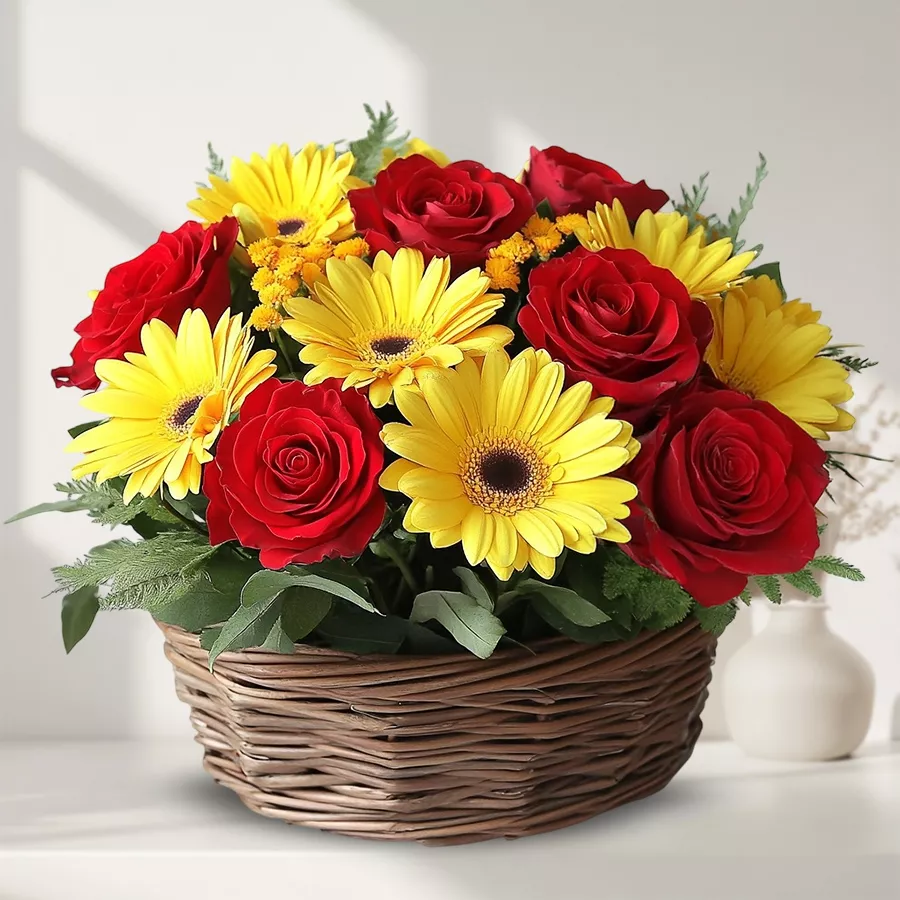 A vibrant designer arrangement featuring 7 roses and 8 gerberas, symbolizing love and affection.