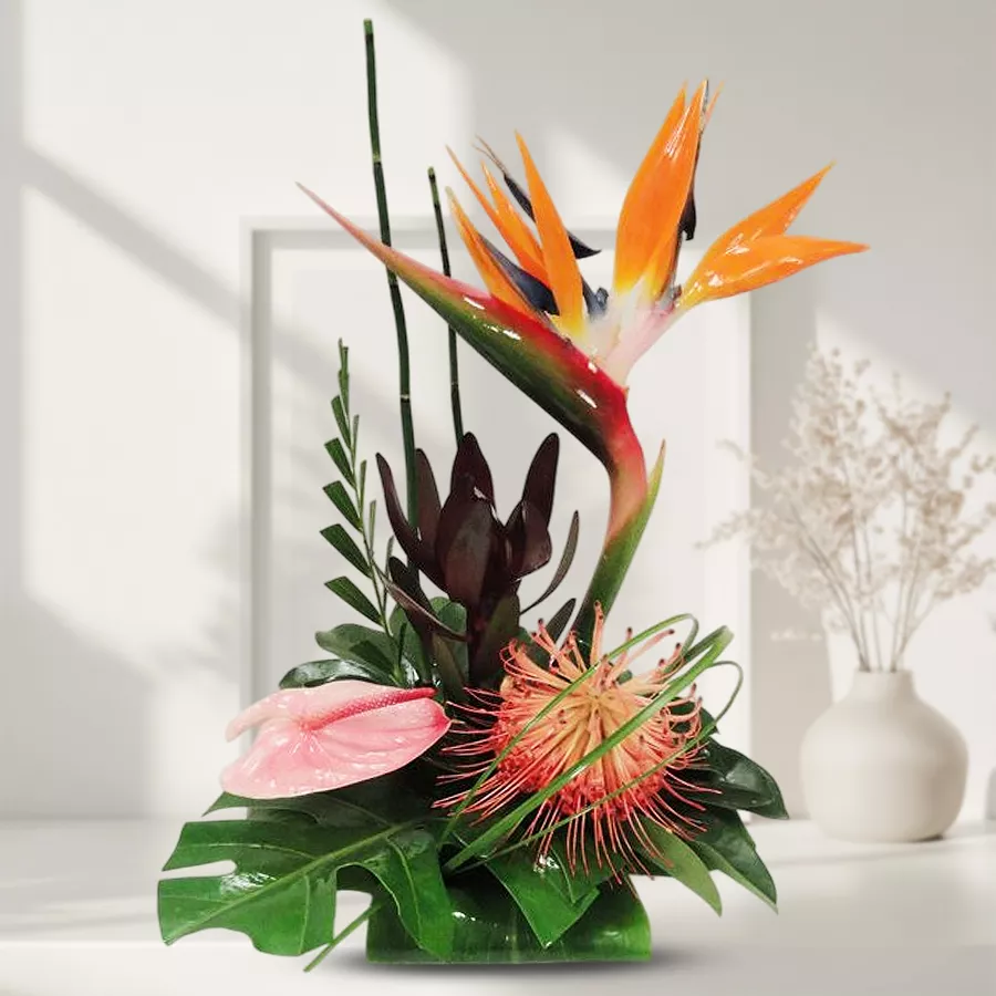 Beautiful exotic flowers arranged for an elegant office display.