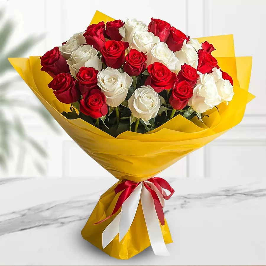Elegant bouquet featuring 40 red and white roses, perfect for special occasions.