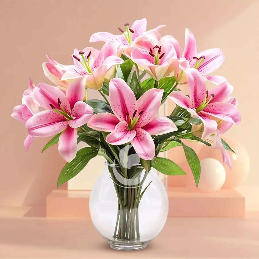 Half dozen Oriental Pink Lilies arranged in a charming vase, perfect for gifting.