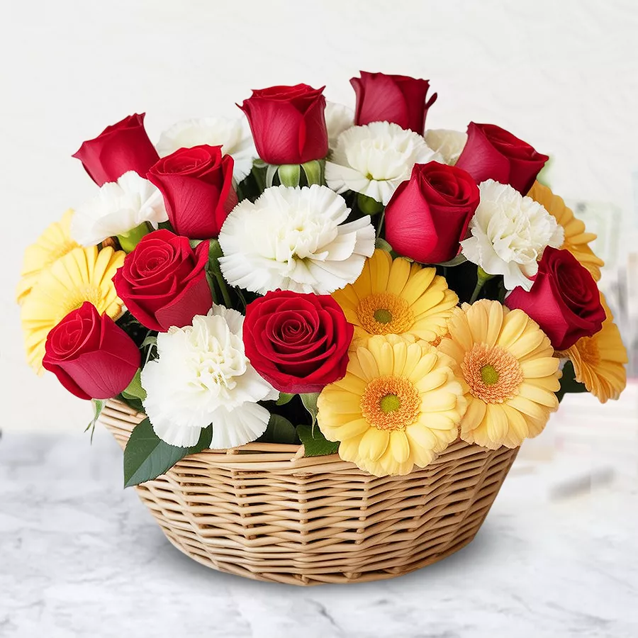 A vibrant arrangement of 24 multicolored flowers featuring roses, carnations, and gerberas, perfect for gifting to loved ones.