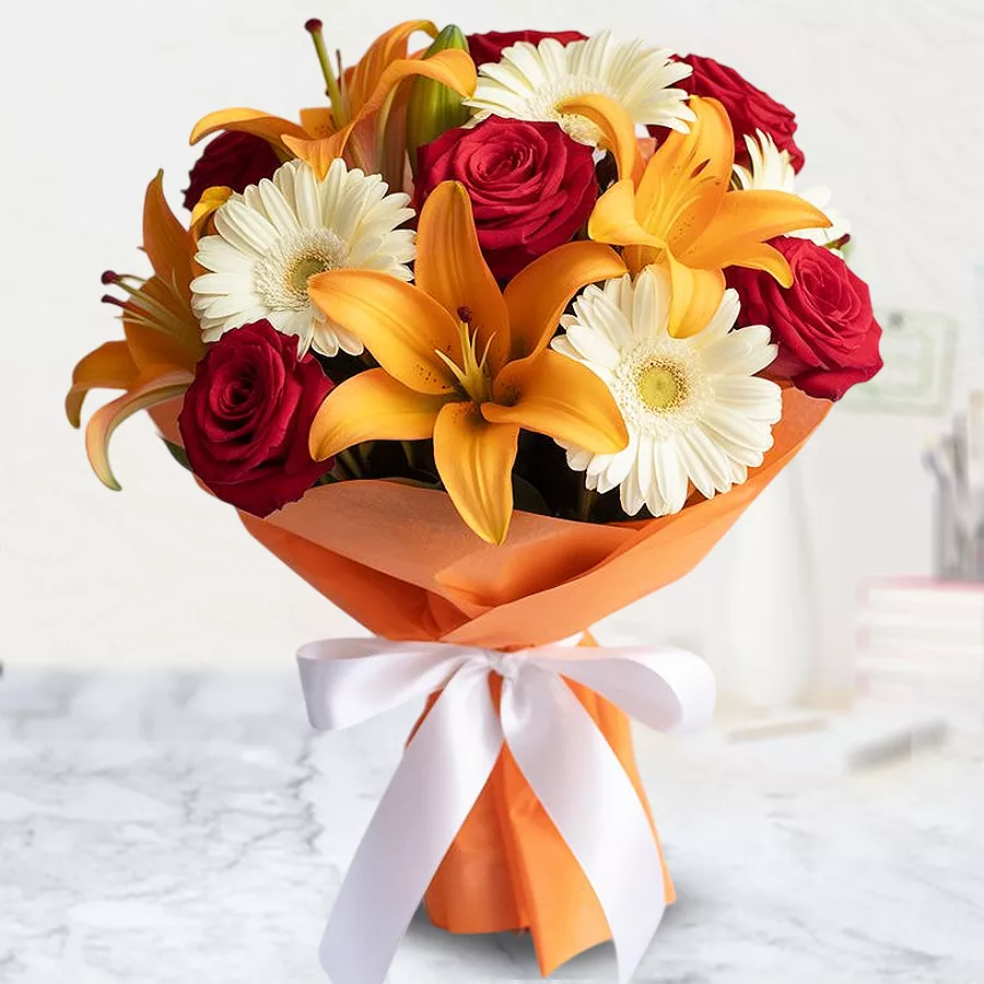 A beautiful bouquet featuring 15 mixed flowers in vibrant colors, perfect for gifting or home decor.