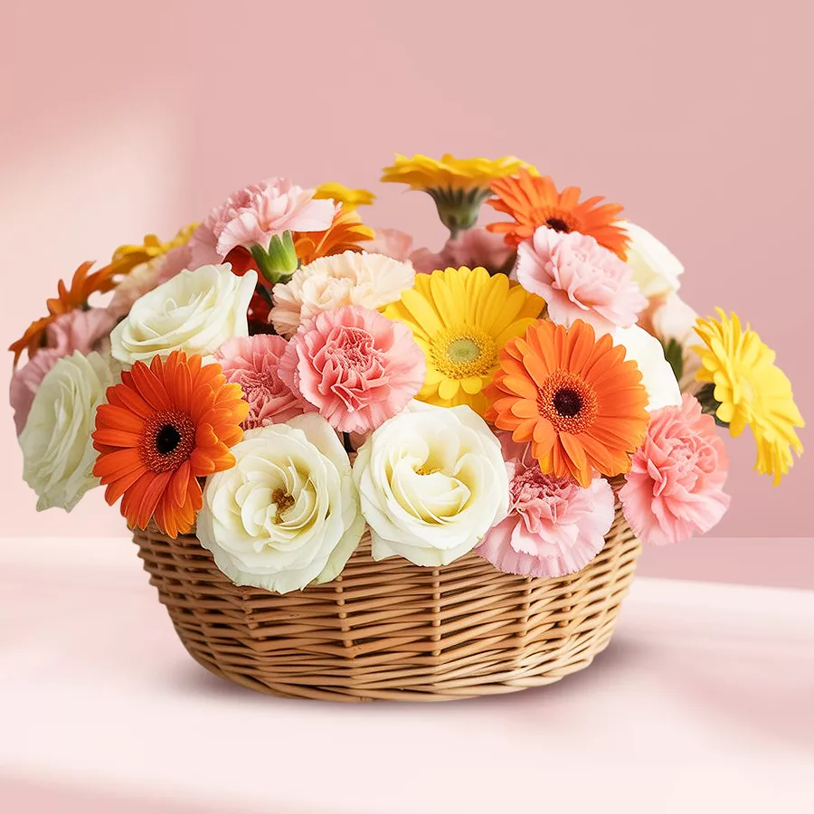 A basket filled with seasonal flowers including roses, carnations, and gerberas, beautifully arranged to convey heartfelt sentiments.