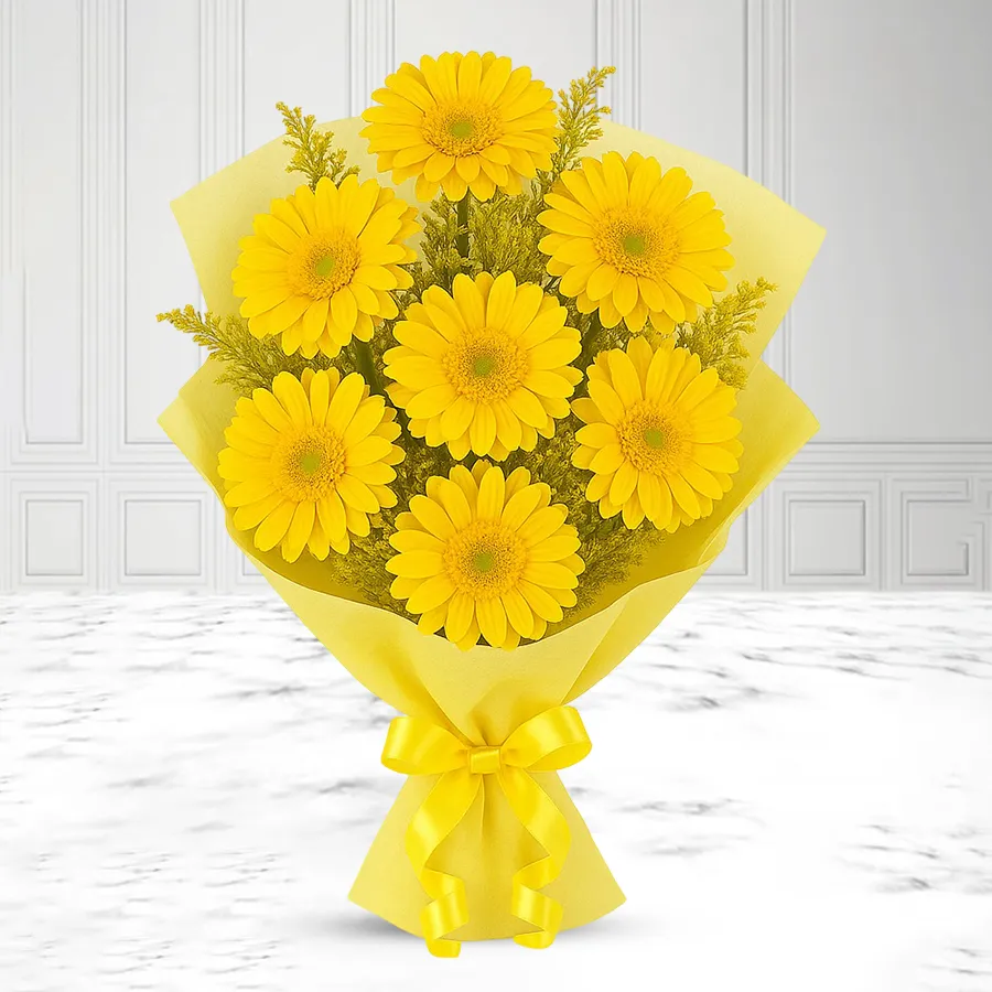 A vibrant bouquet featuring 12 cheerful yellow gerberas, symbolizing love and warmth.