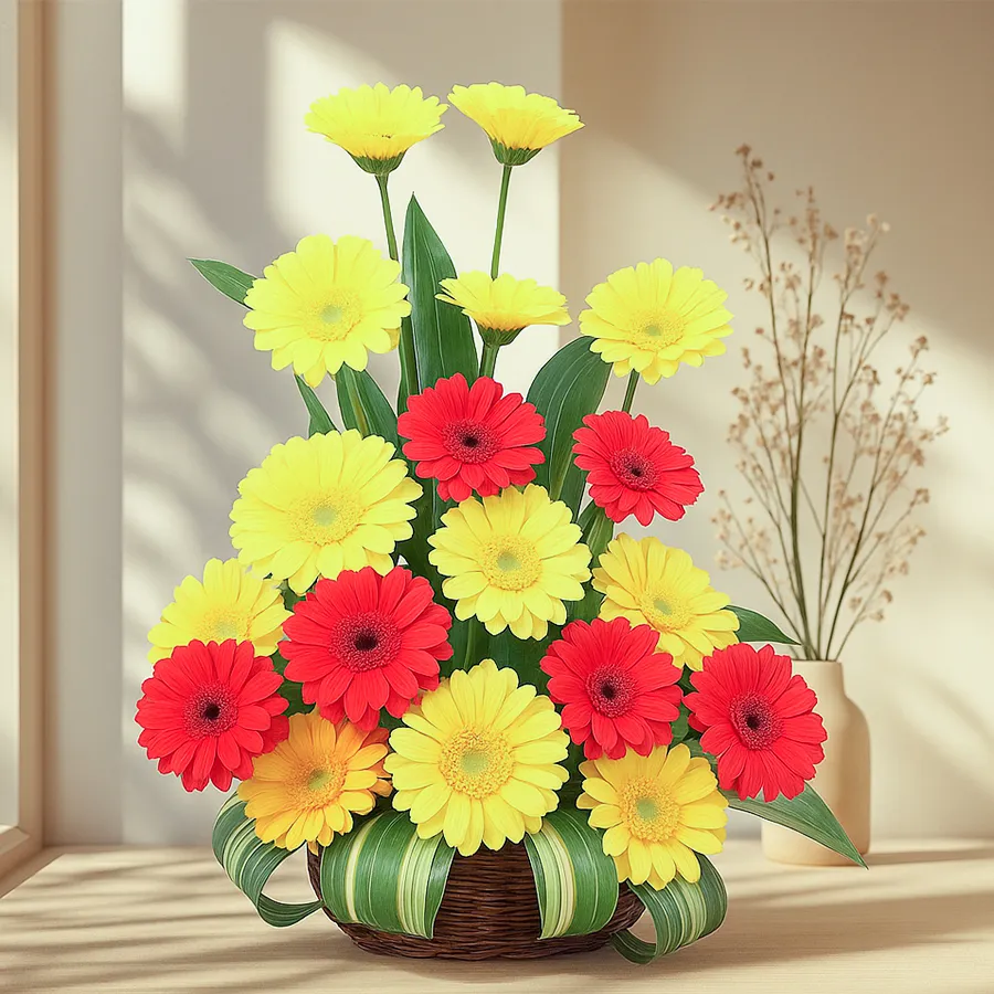 A vibrant bouquet of 20 multi-colored gerberas, perfect for celebrations and bringing joy.