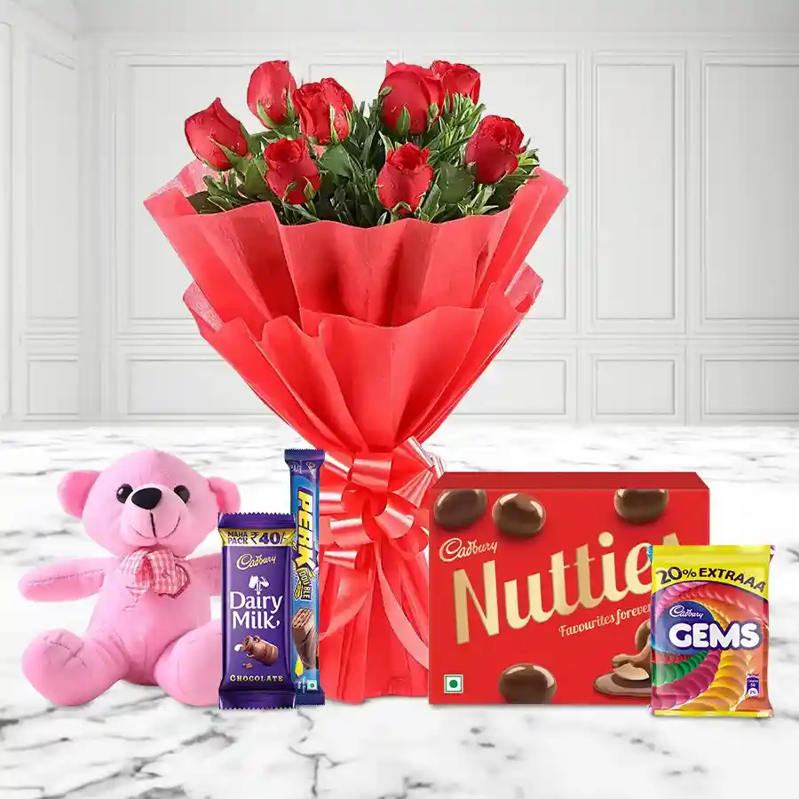 Heartfelt Affection Gift Hamper with roses, chocolates, and teddy bear.