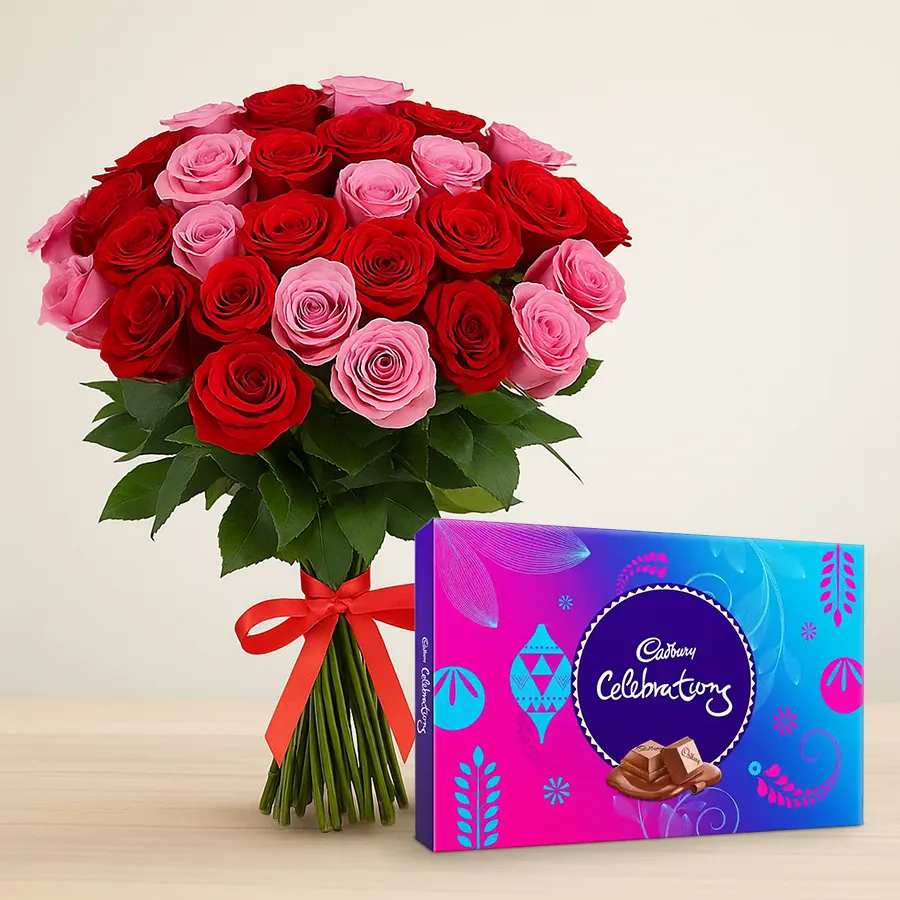 A beautiful combo of 50 pink and red roses with assorted Cadbury chocolates, perfect for expressing love and appreciation.