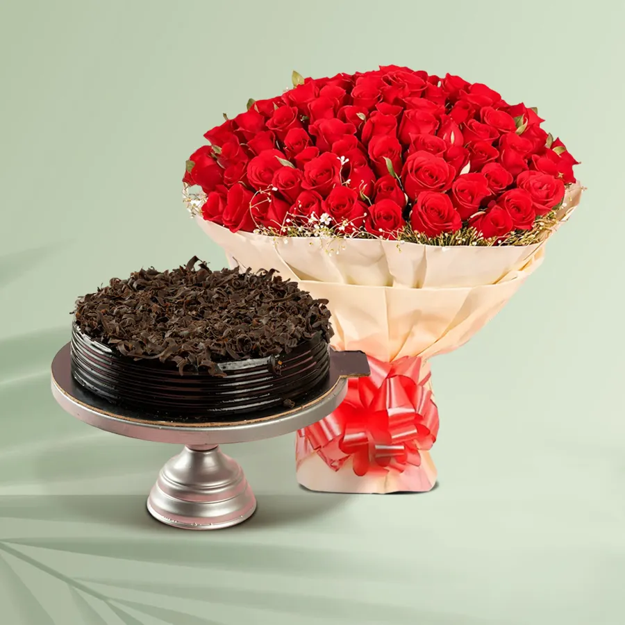 Luxurious chocolate cake from 5 Star Bakery with a bouquet of 12 roses, perfect for gifting in Chennai.