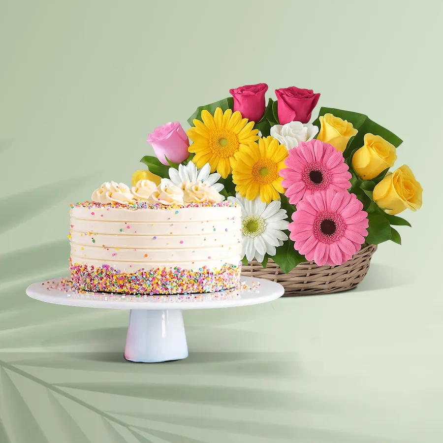 1 kg Vanilla Cake from 5 Star Bakery with 24 assorted flowers arranged beautifully.