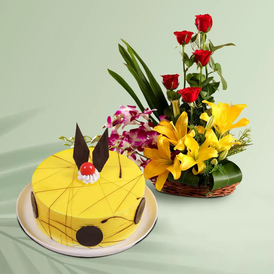 Tasty 1 kg Pineapple Cake with a colorful arrangement of 24 assorted flowers from 5 Star Bakery.