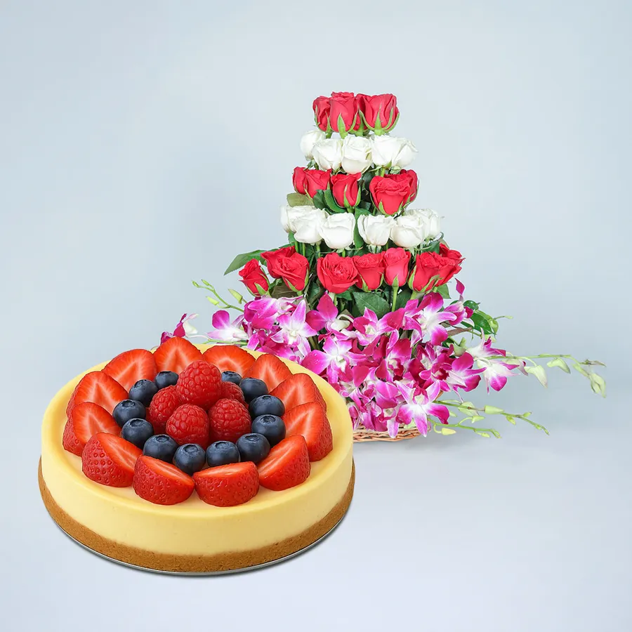 A scrumptious 1 kg Cheese Cake with a vibrant arrangement of 24 assorted flowers, perfect for gifting in Chennai.