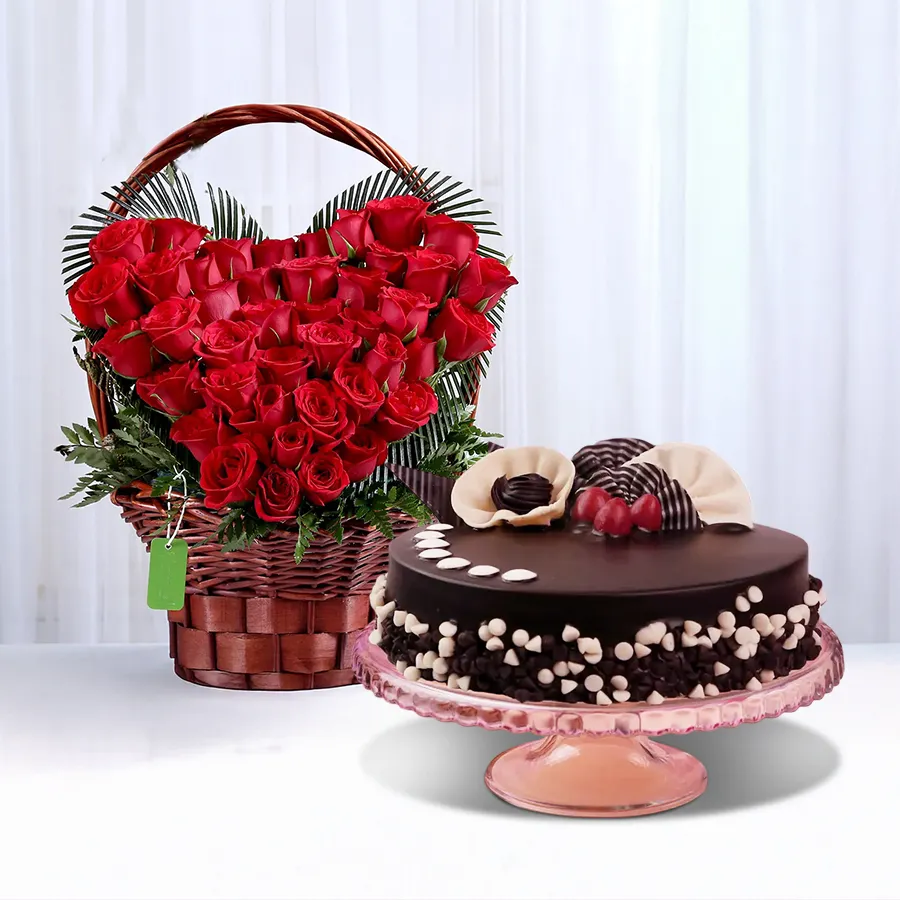 1 kg Chocolate Cake paired with 24 red roses in a heart arrangement.