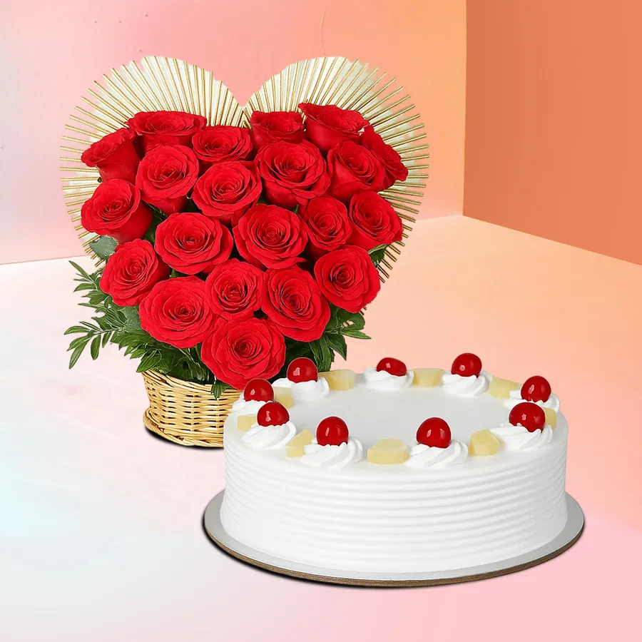 1 kg Pineapple Cake from 5 Star Bakery with heart-shaped red rose arrangement, perfect for special celebrations.