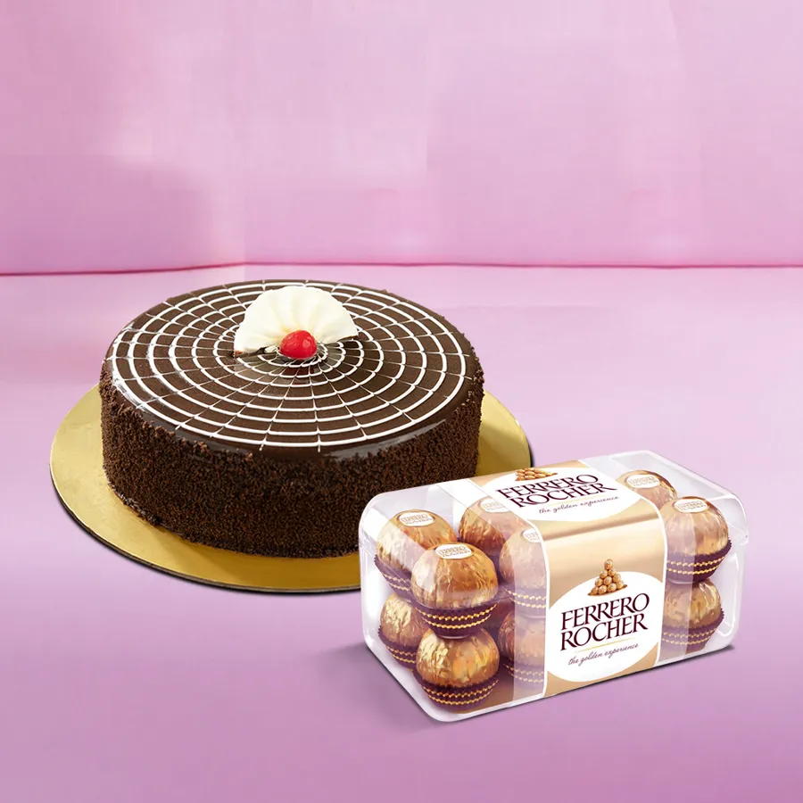 1 kg chocolate cake from 5 Star Bakery topped with Ferrero Rocher, perfect for celebrations and exclusive delivery in Chennai.
