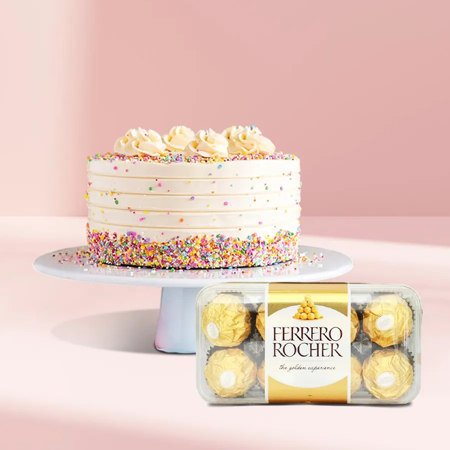 Luxurious 1 kg Vanilla Cake with Ferrero Rocher from 5 Star Bakery.