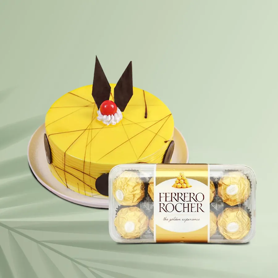 Scrumptious 1 kg Pineapple Cake from 5 Star Bakery with 16 pcs Ferrero Rocher chocolates.