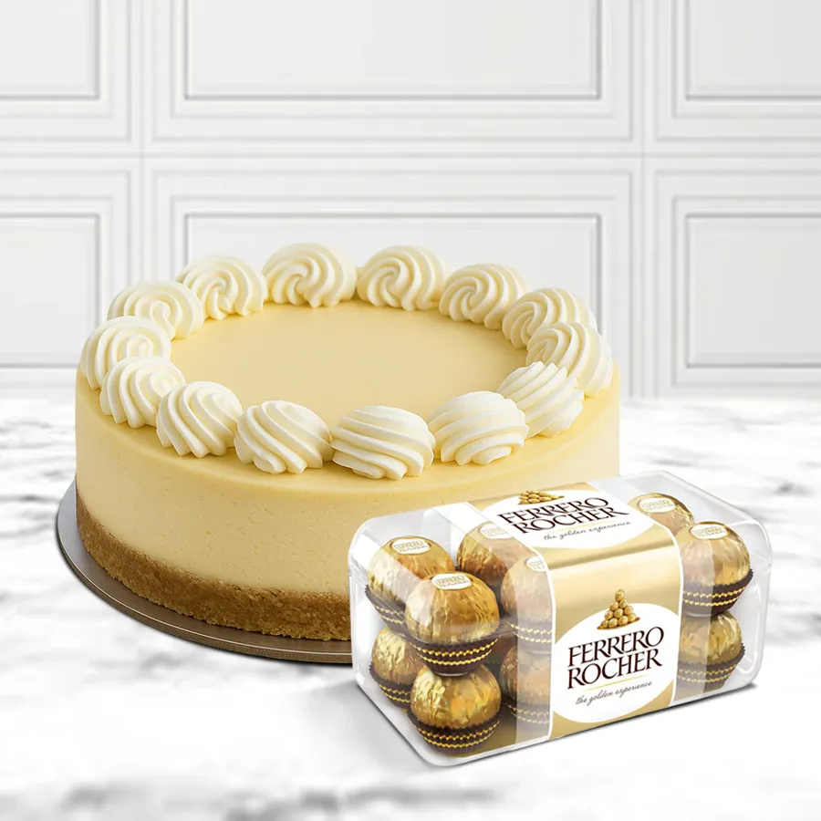 1 kg Cheese Cake from 5 Star Bakery with Ferrero Rocher chocolates, ideal for special occasions.