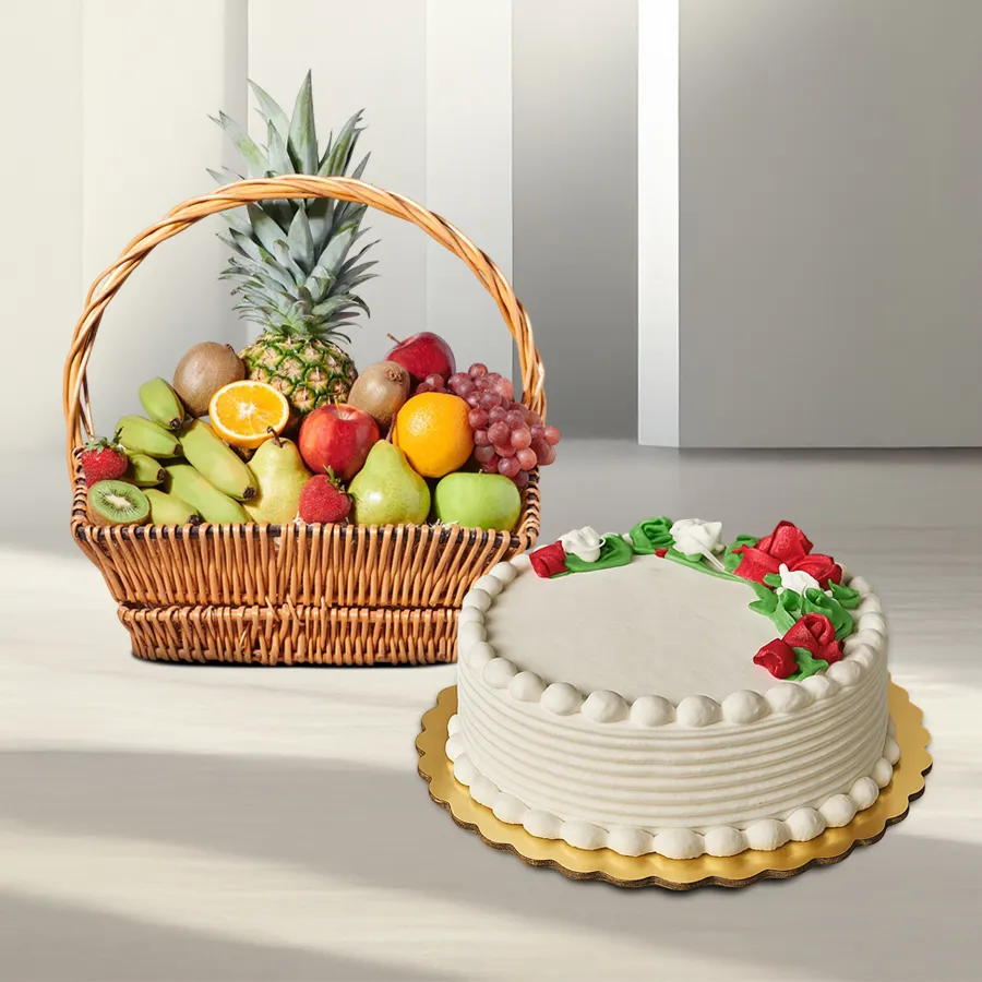 A 1 kg Vanilla Cake from 5 Star Bakery accompanied by a 2 kg Fruits Basket, perfect for special celebrations in Chennai.