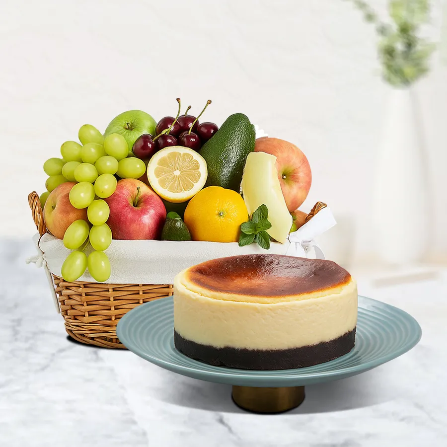 A delightful 1 kg cheesecake paired with a 2 kg fruits basket from 5 Star Bakery, perfect for gifting in Chennai.