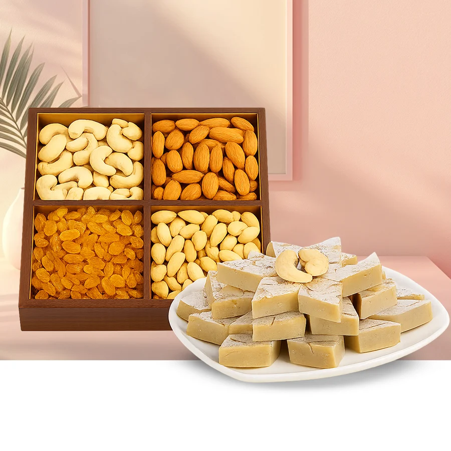 A delectable combo of Mixed Dry Fruits and Haldirams Kaju Katli, perfect for gifting and sharing special moments.