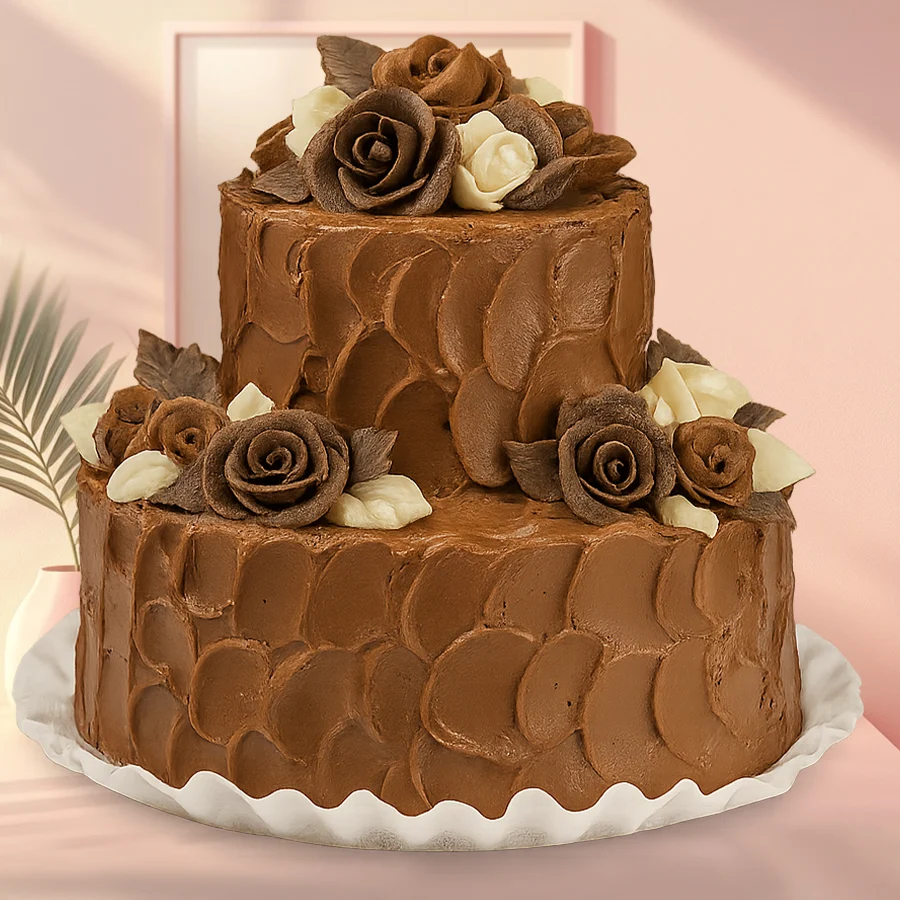 Elegant double tier celebration cake, freshly baked and beautifully decorated, weighing 5 lbs and hand delivered for ultimate freshness.