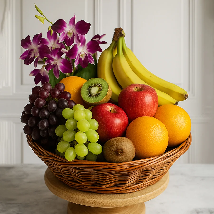 A beautiful gift basket filled with fresh fruits and three elegant orchids, ideal for special occasions.
