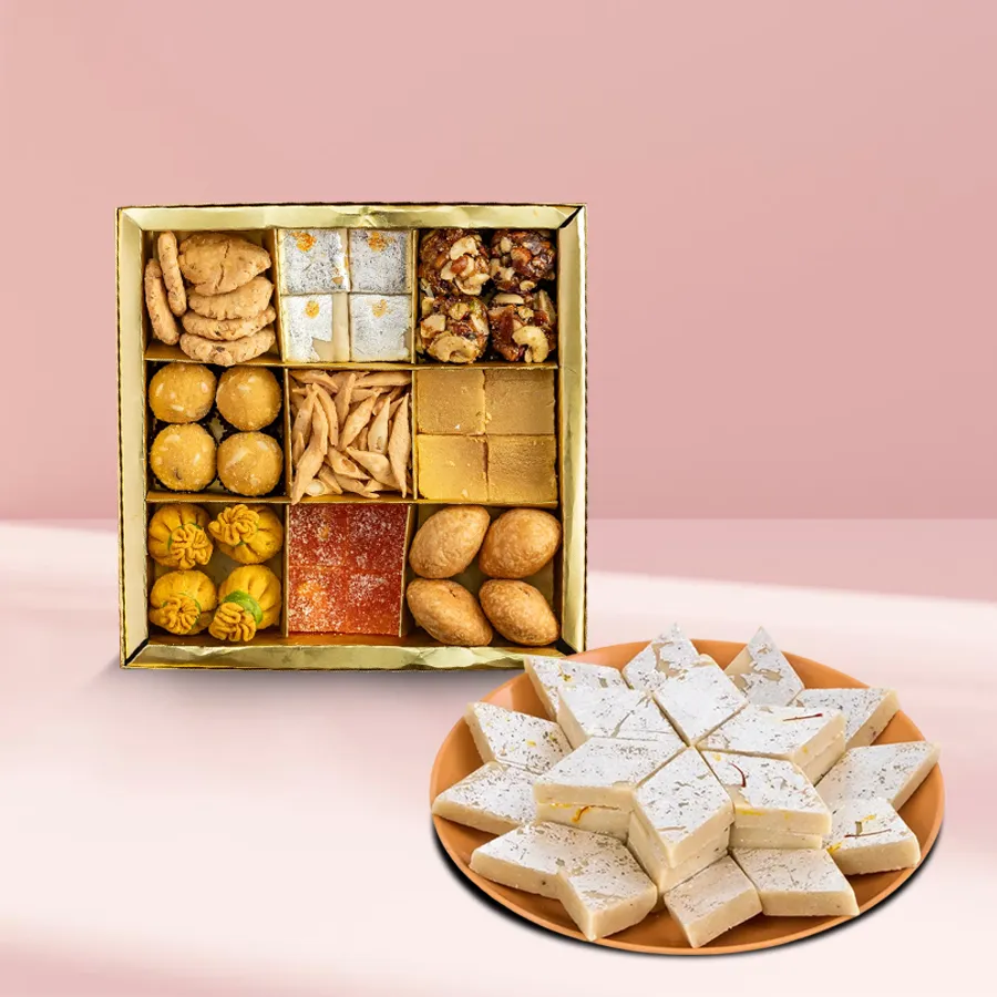 Kaju Barfi and assorted Mithai gift combo in a beautiful arrangement.