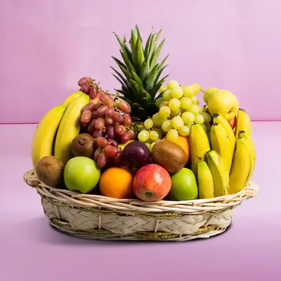 A vibrant 2 kg Seasonal Fruit Extravaganza Basket filled with apples, grapes, oranges, and assorted seasonal fruits, celebrating nature's bounty.