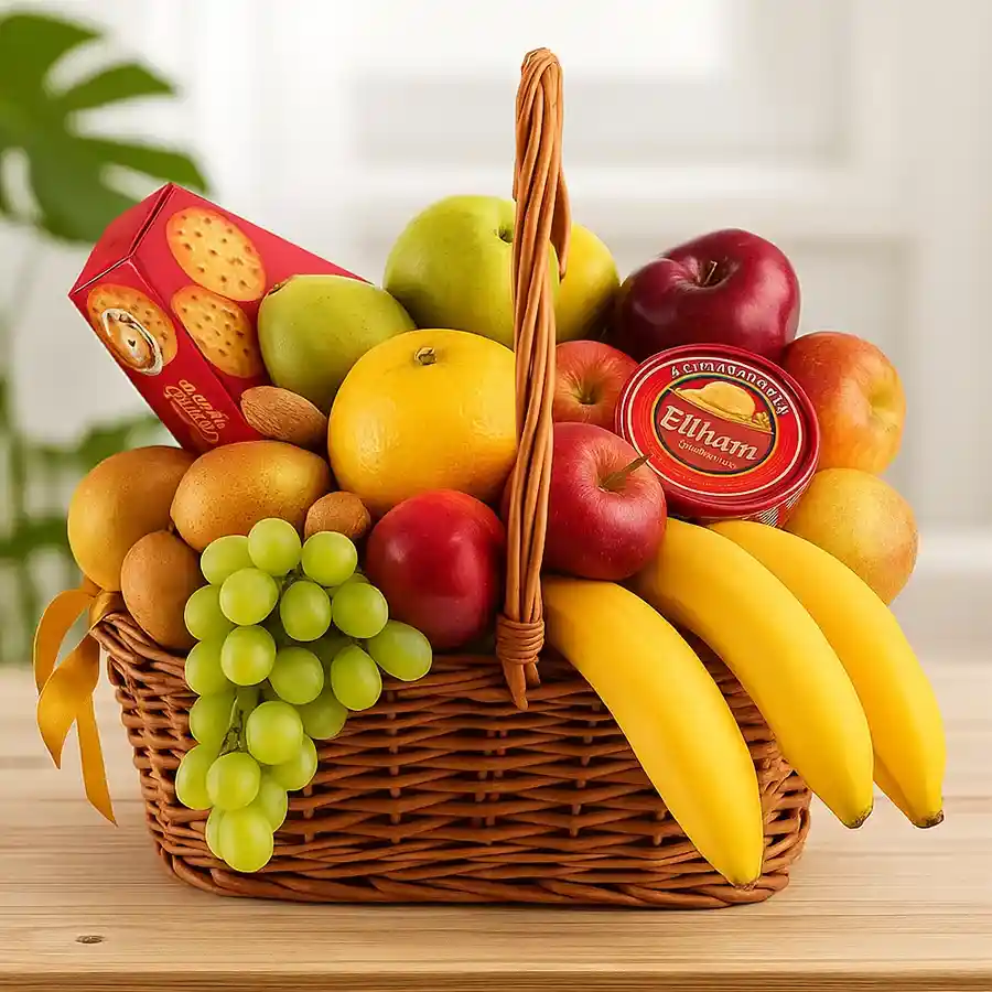 Elegant Indulgence Mother’s Day Basket filled with fresh fruits, cheese, biscuits, and chocolates.