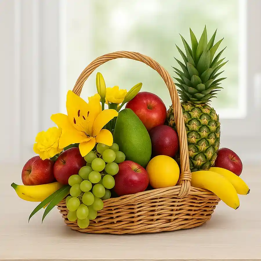 A 5 kg Fresh Fruit Basket featuring high-quality apples, bananas, and oranges, perfect for gifting and sharing delicious flavors.