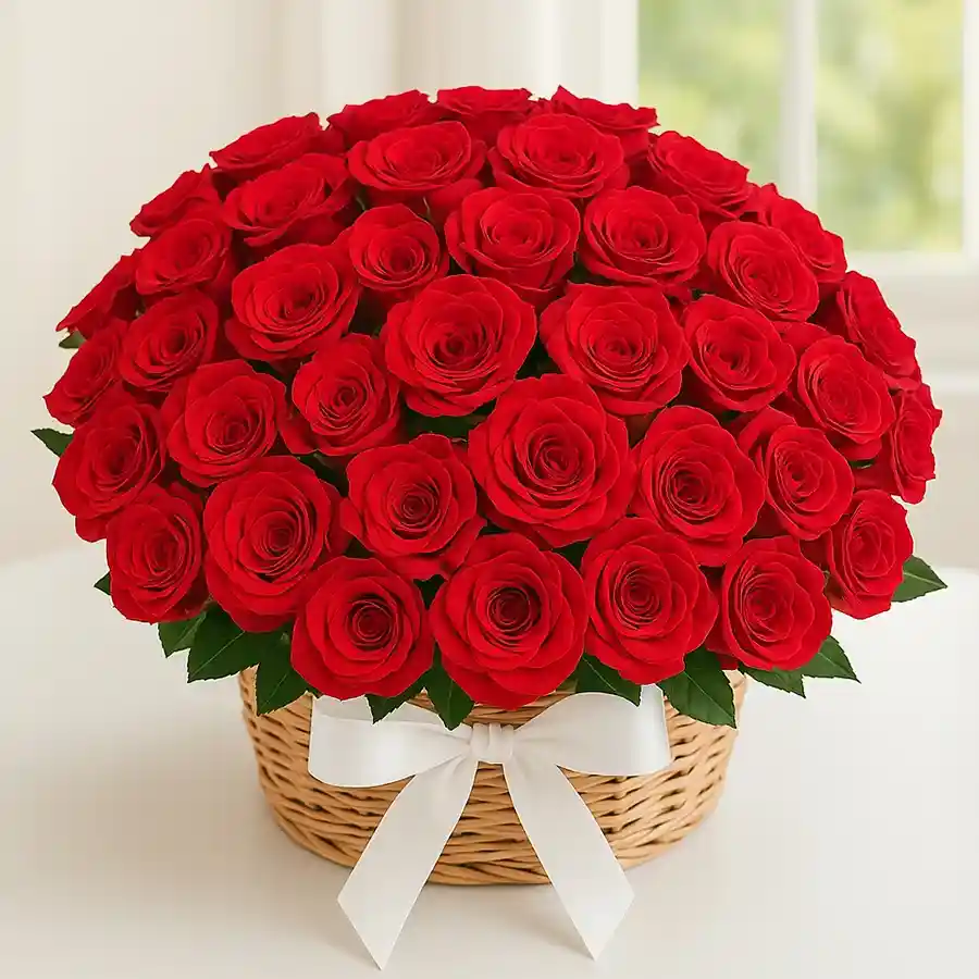 Heartfelt Love Gift Basket featuring 50 red roses with greens and fillers, ideal for Mother's Day celebrations.