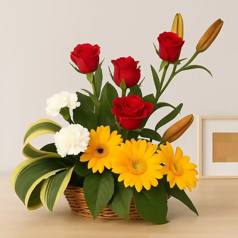 Lovely basket filled with a variety of colorful blossoms, ideal for celebrating Mother's Day.