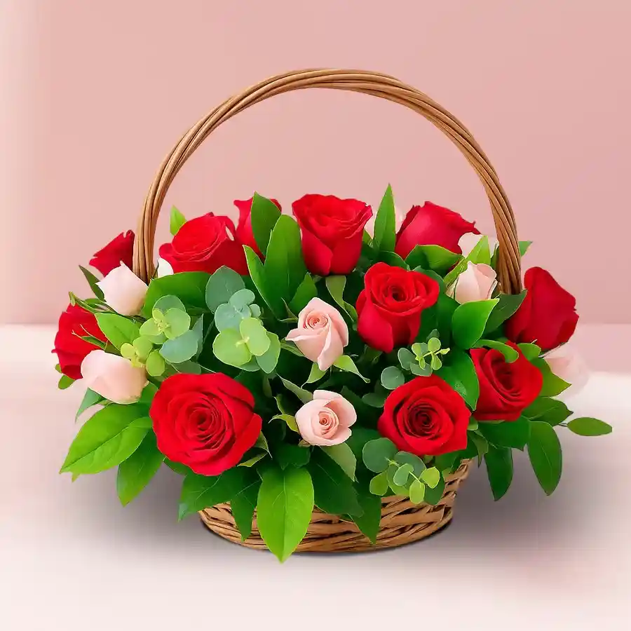 Heartfelt arrangement of 18 pink and red roses for Mother's Day.