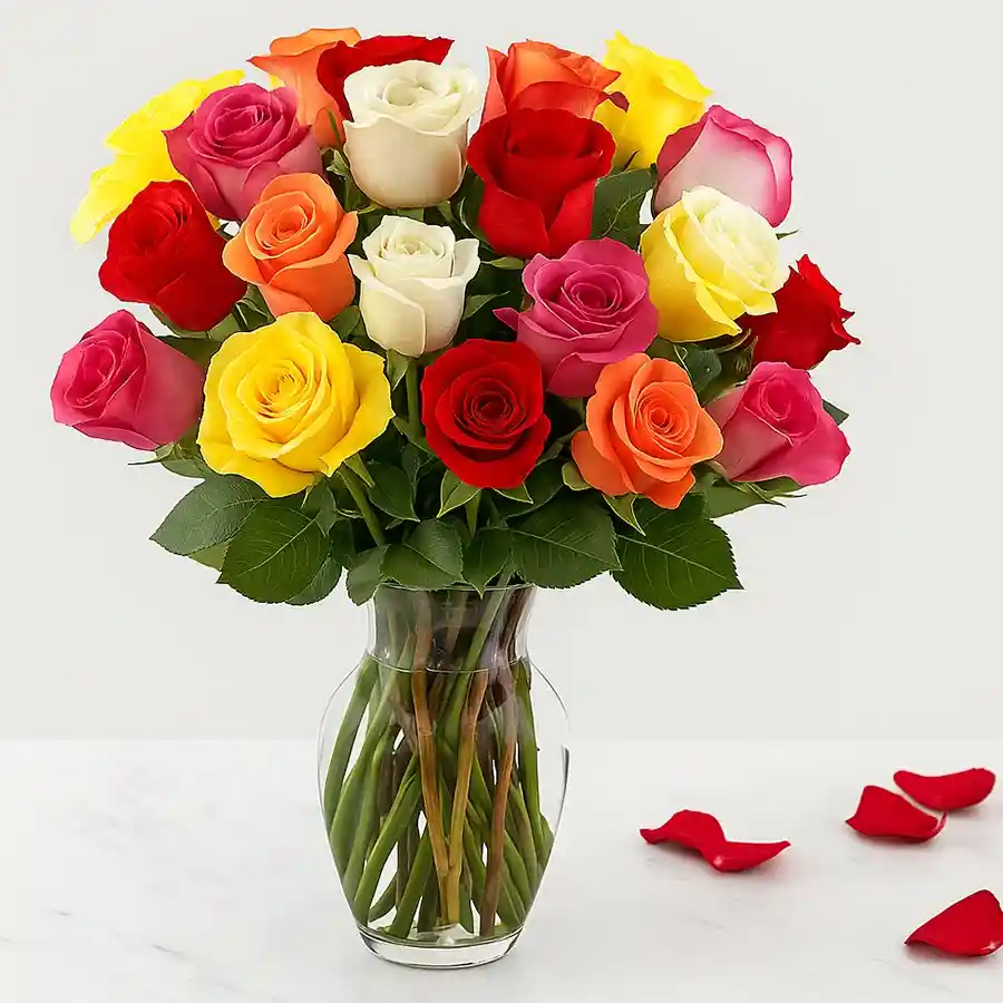 A lovely vase filled with 24 mixed roses, ideal for gifting on Mother's Day.