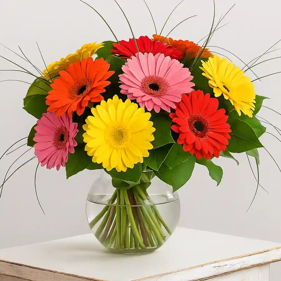 A cheerful arrangement of 12 assorted gerberas in a vase, bringing joy and color to any space.