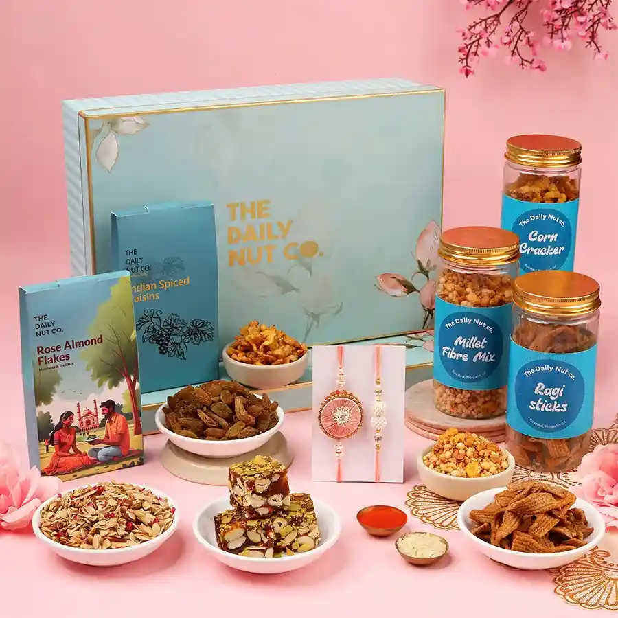 Rakhi Flavor Fusion Gift Pack featuring festive snacks and Rakhis.