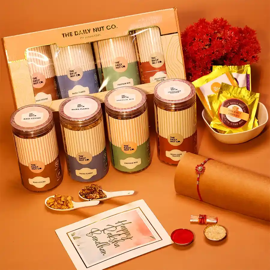 Nutritious Rakhi Special Snack Box featuring nutritious snacks and a Rakhi.