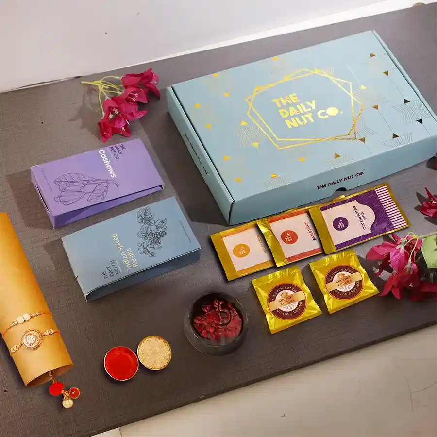 Nourishing Rakhi Celebration Bundle with healthy snacks and Rakhi.