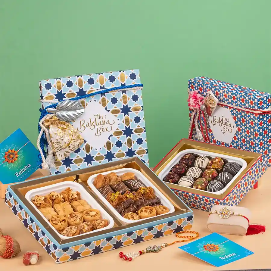 Exquisite Rakhi & Sweet Gift with designer Rakhis, baklavas, and laddus for festive celebrations.