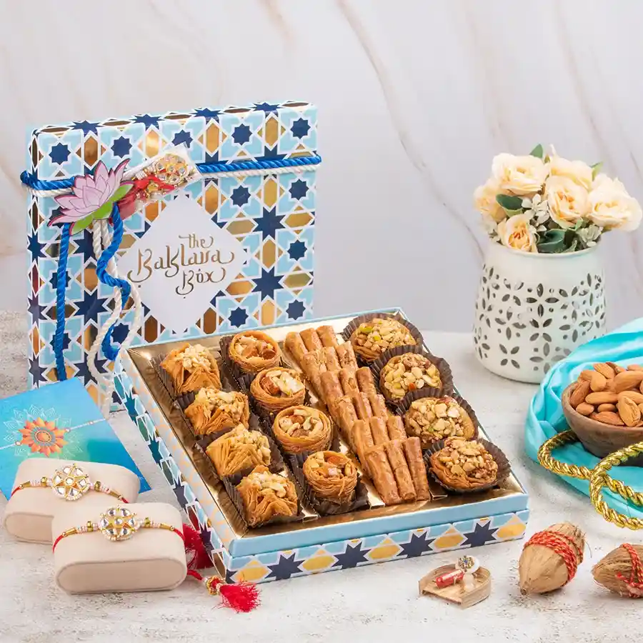 Blissful Rakhi Festivity Hamper with baklavas and handcrafted Rakhis.