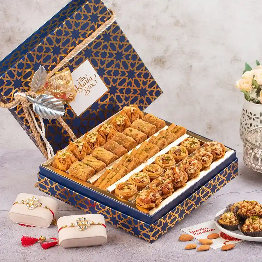 Festive Flavors Rakhi Gift Box with premium Baklava and Rakhis.