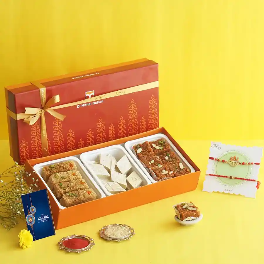 Divine Rakhi & Treats Gift with sweets and Rakhis for festive celebration.