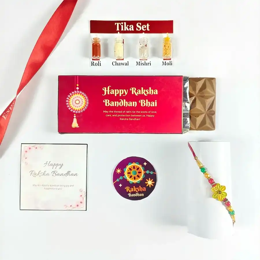 Chocolaty Rakhi Celebration Gift featuring rakhi, chocolate, greeting card, and tika set.
